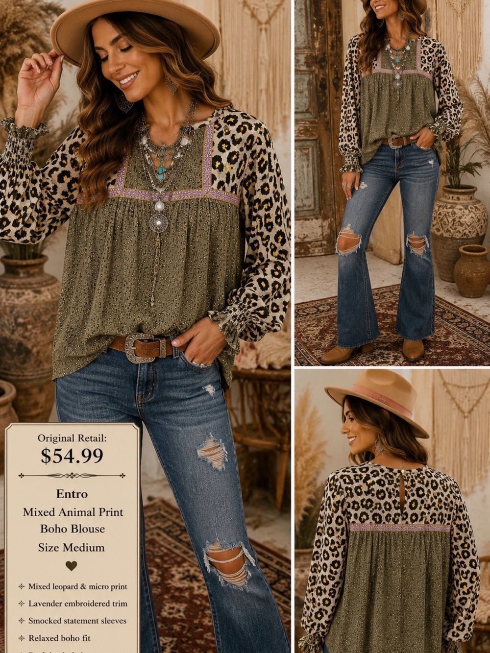 Entro Olive Green Mixed Animal Print Boho Blouse Size Lg